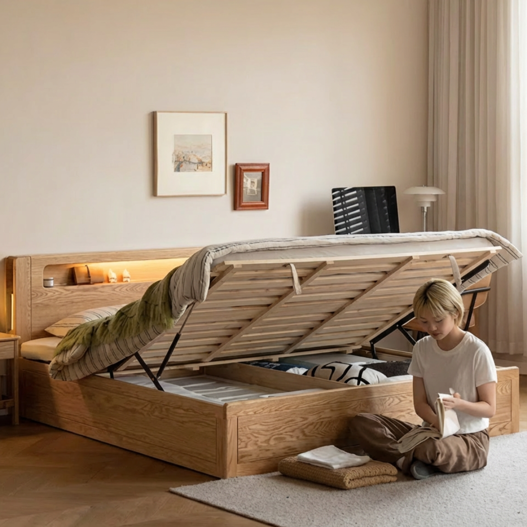 Seattle II 柔光燈橡木油壓床架 - mori home