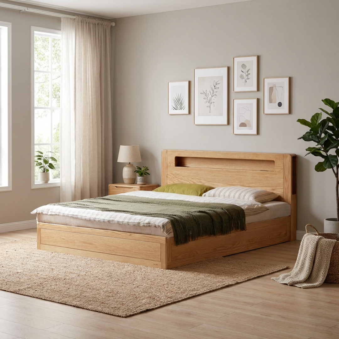 Seattle II 柔光燈橡木油壓床架 - mori home