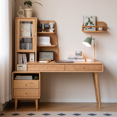 組合實木書桌,左下方連櫃桶,上座有掀門及開放式展示架。