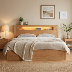 Seattle II 柔光燈橡木油壓床架 - mori home