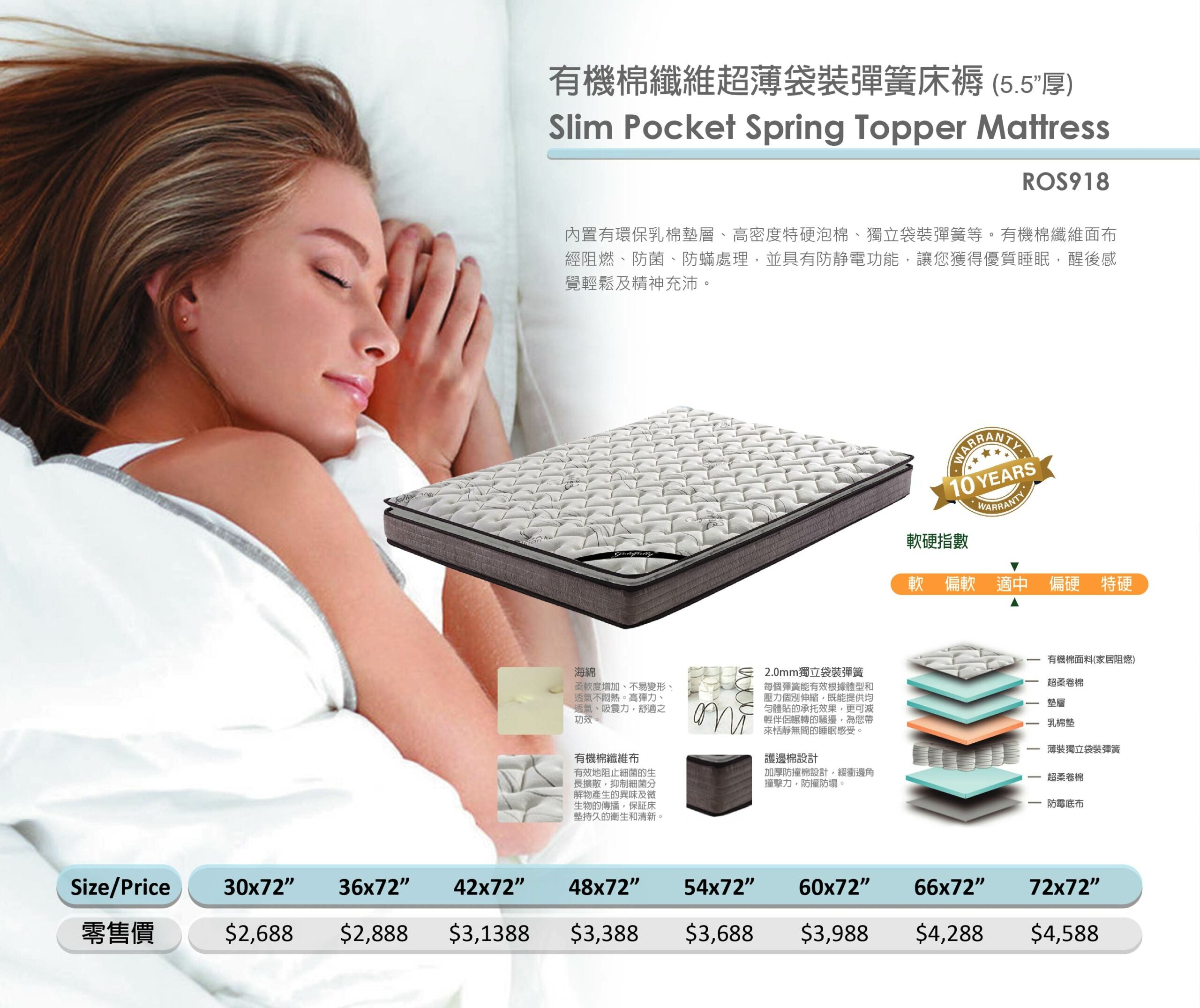 Mori Home - GoldFully 金寶麗床褥- 有機棉纖維超薄袋裝彈簧床褥 (5.5"厚)