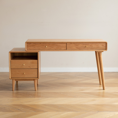 組合實木書桌，左下方連櫃桶