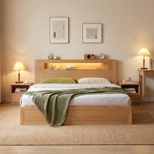 Seattle II 柔光燈橡木油壓床架 - mori home