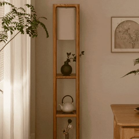 吊燈置物架，採用北美FAS級橡木，具三檔調節燈光及實用層板設計